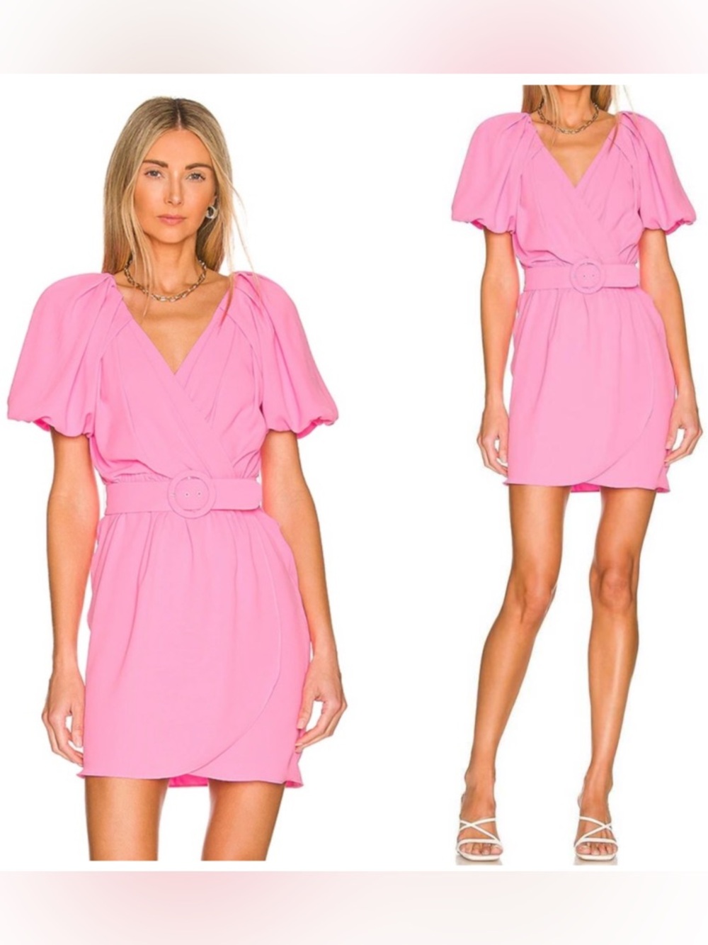 Amanda Uprichard Durand Puff-Sleeve Belted Mini Dress in Shocking Pink NWT $262